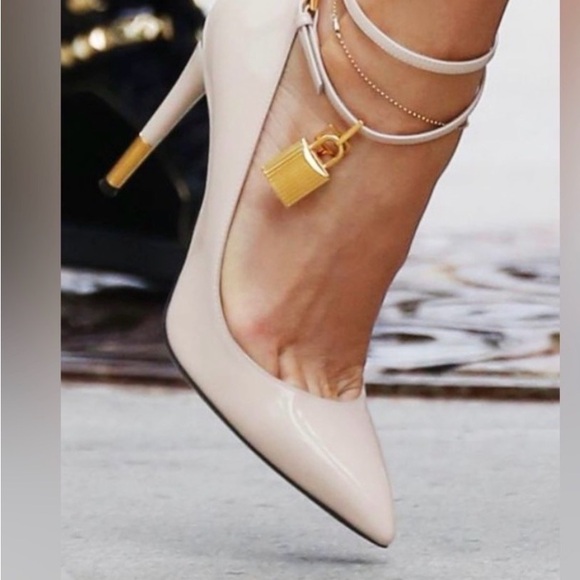 Tom Ford Shoes - Tom Ford Nude Patent Leather Pointed Toe Stiletto Heels with Gold Lock Accent